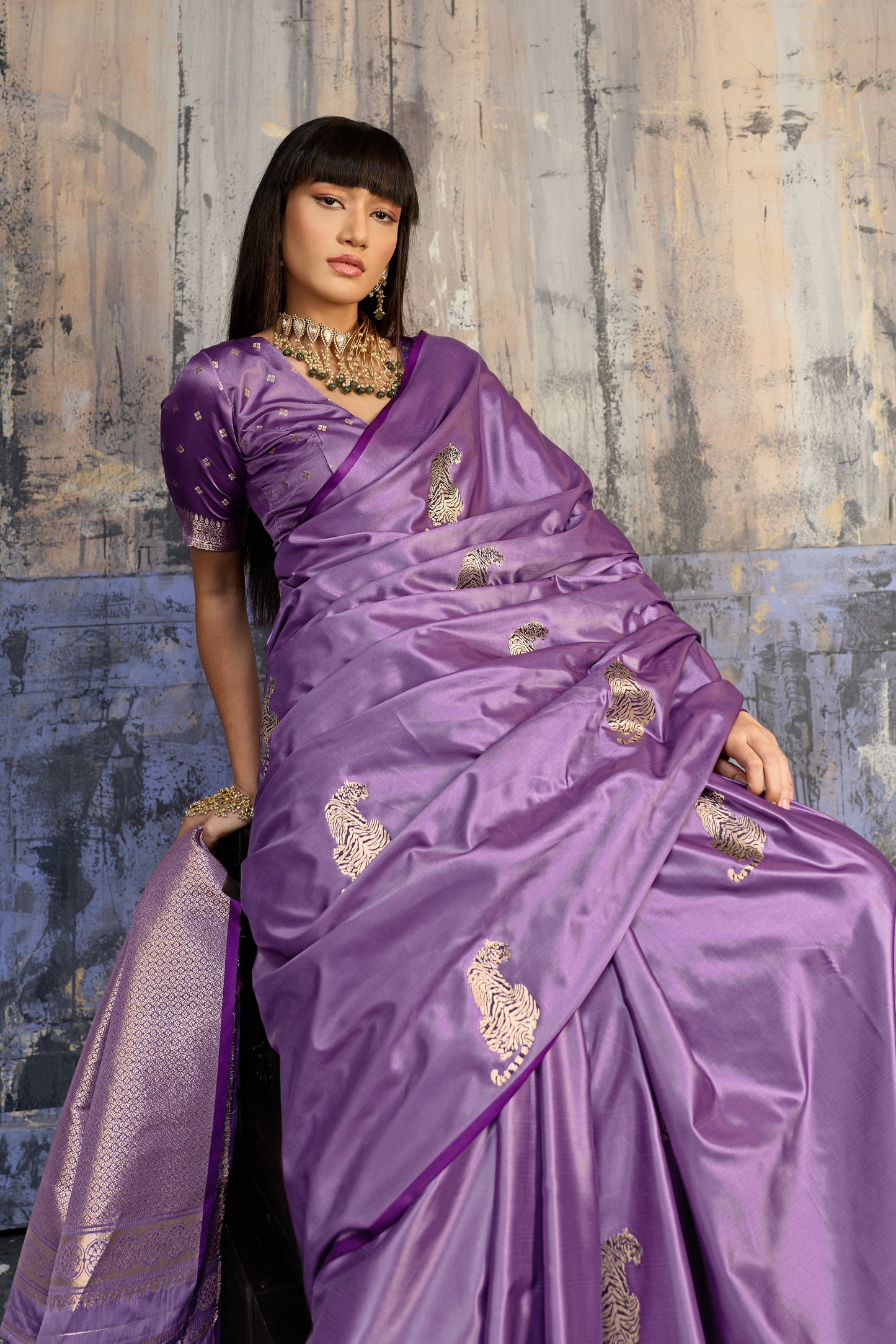 Royal Violet Katan Silk Saree with Antique Zari Border and Tiger Buttas
