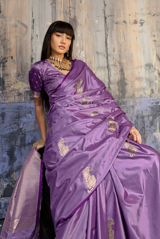 Royal Violet Katan Silk Saree with Antique Zari Border and Tiger Buttas