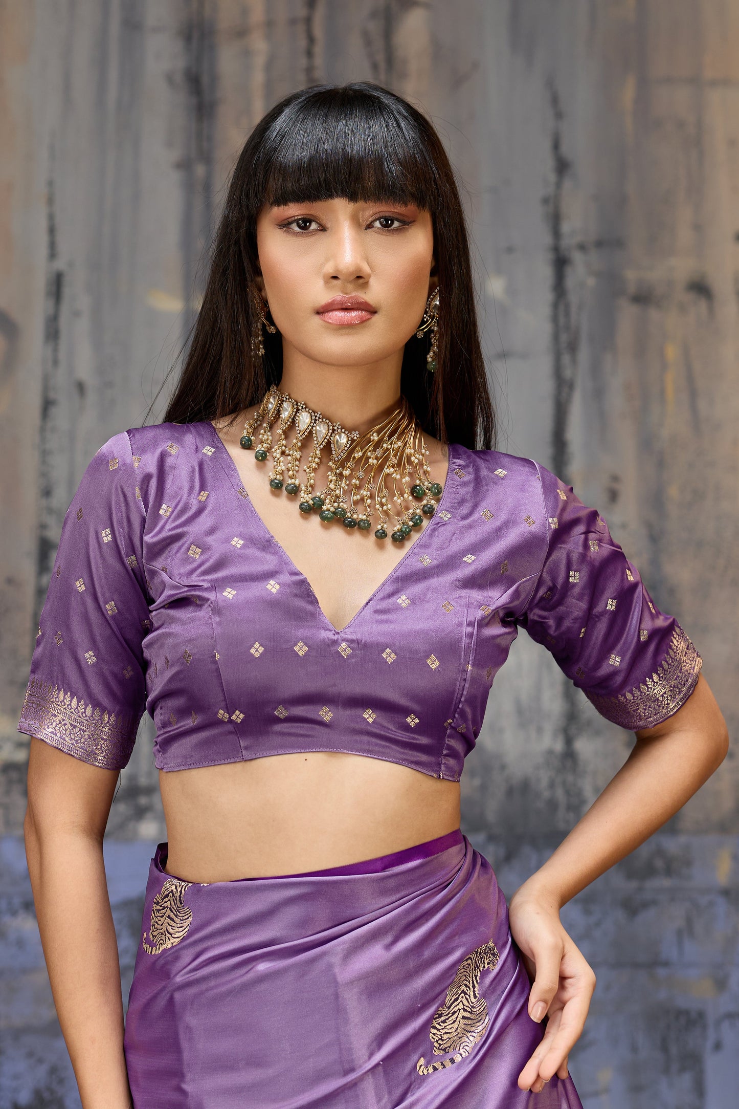Royal Violet Katan Silk Saree with Antique Zari Border and Tiger Buttas