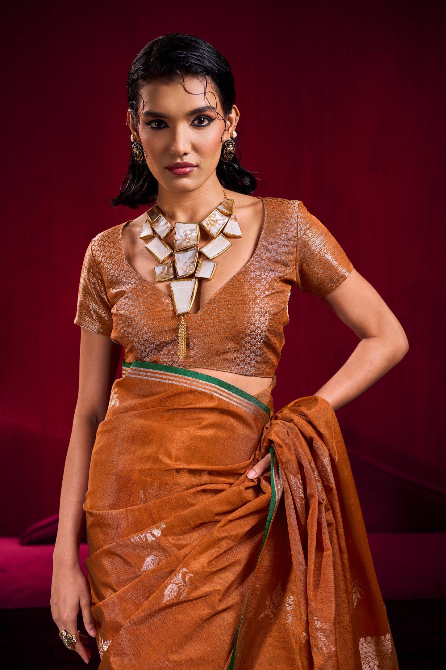 Rust Orange Linen Silk Saree for Women with Elegant Woven Border