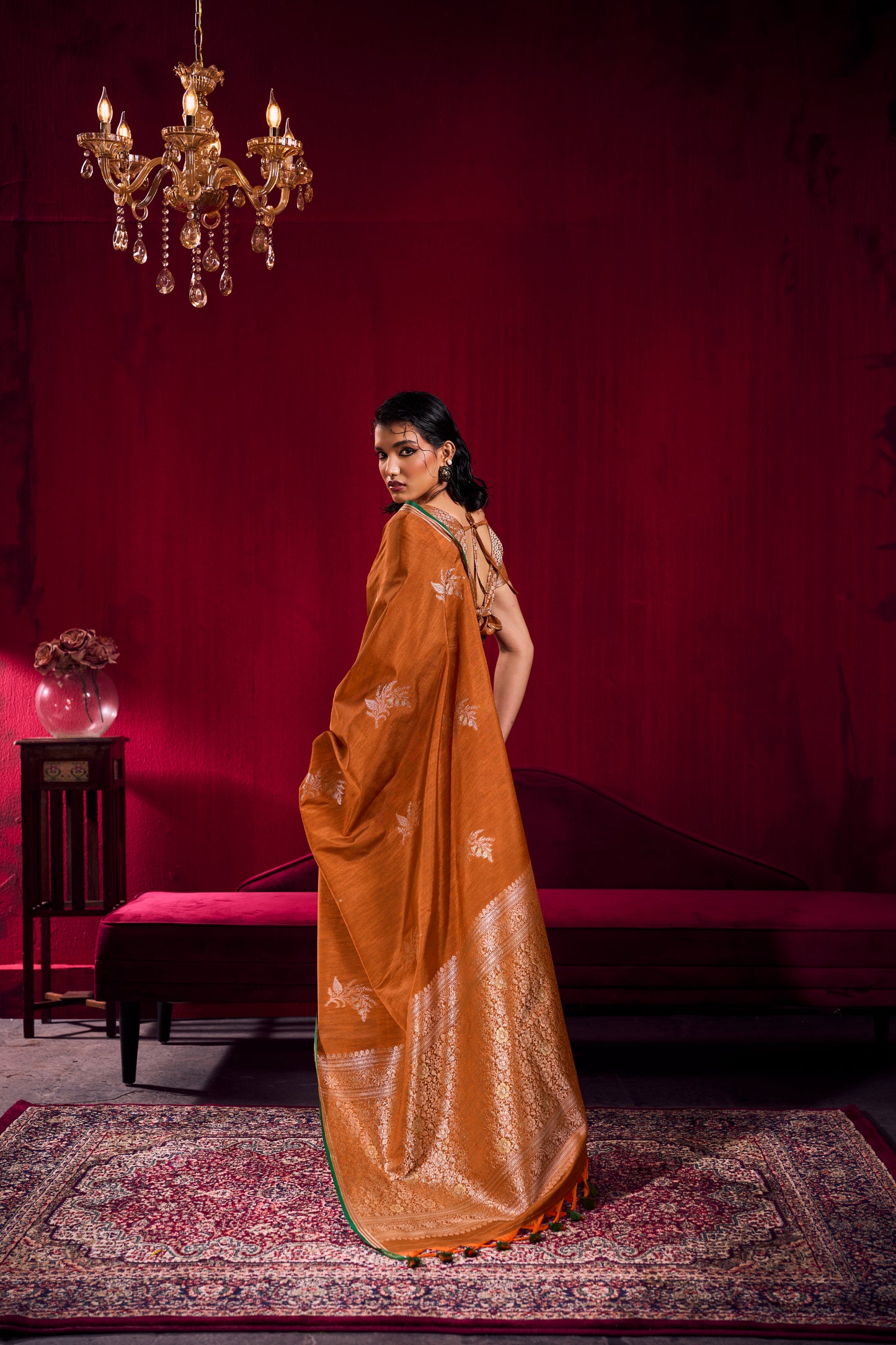 Rust Orange Linen Silk Saree for Women with Elegant Woven Border
