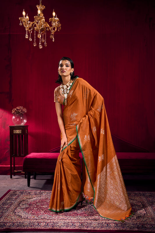 Rust Orange Linen Silk Saree for Women with Elegant Woven Border