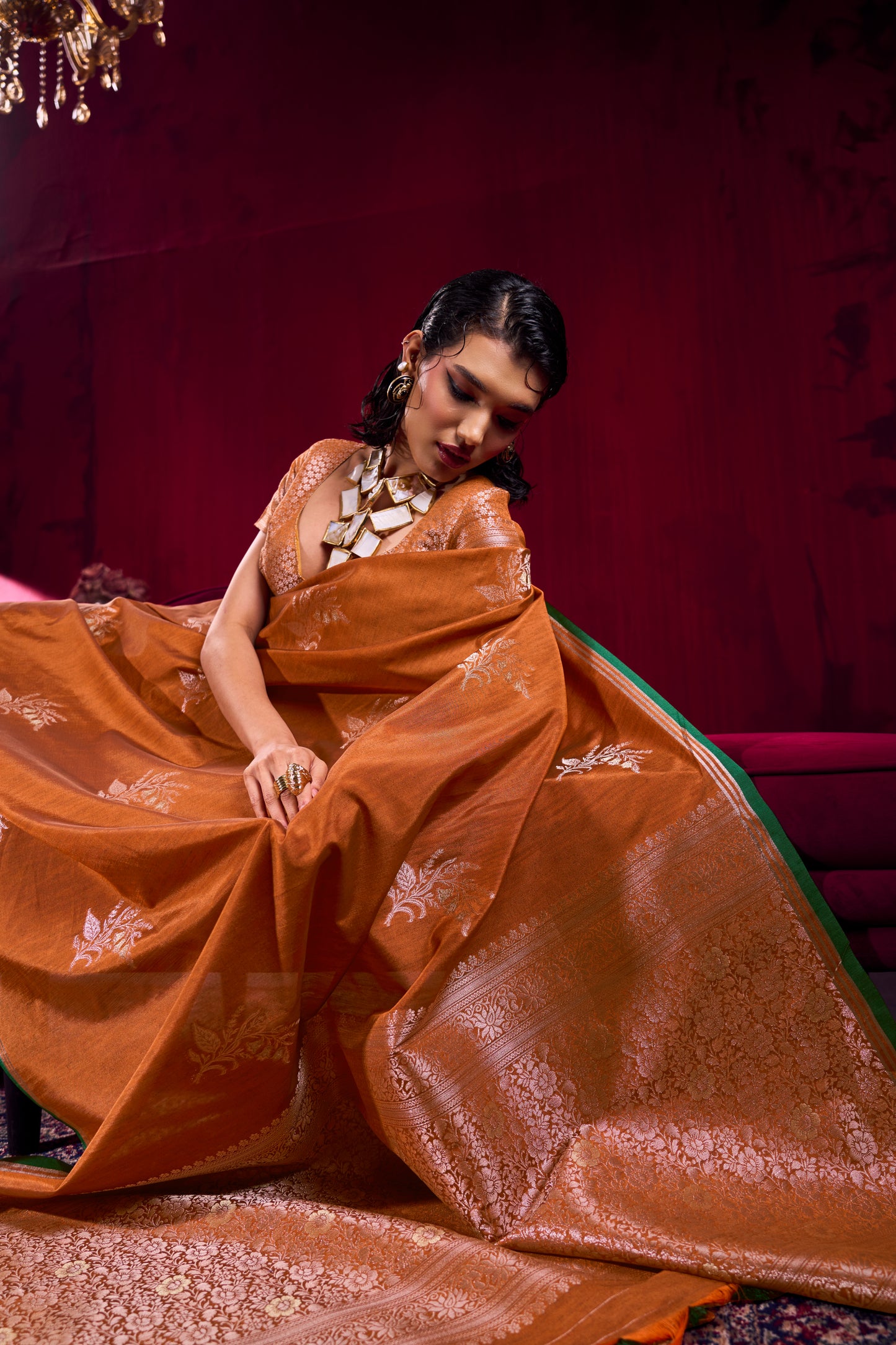 Rust Orange Linen Silk Saree for Women with Elegant Woven Border