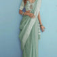 Sage Green Soft Linen Silk Saree with Chikankari Border