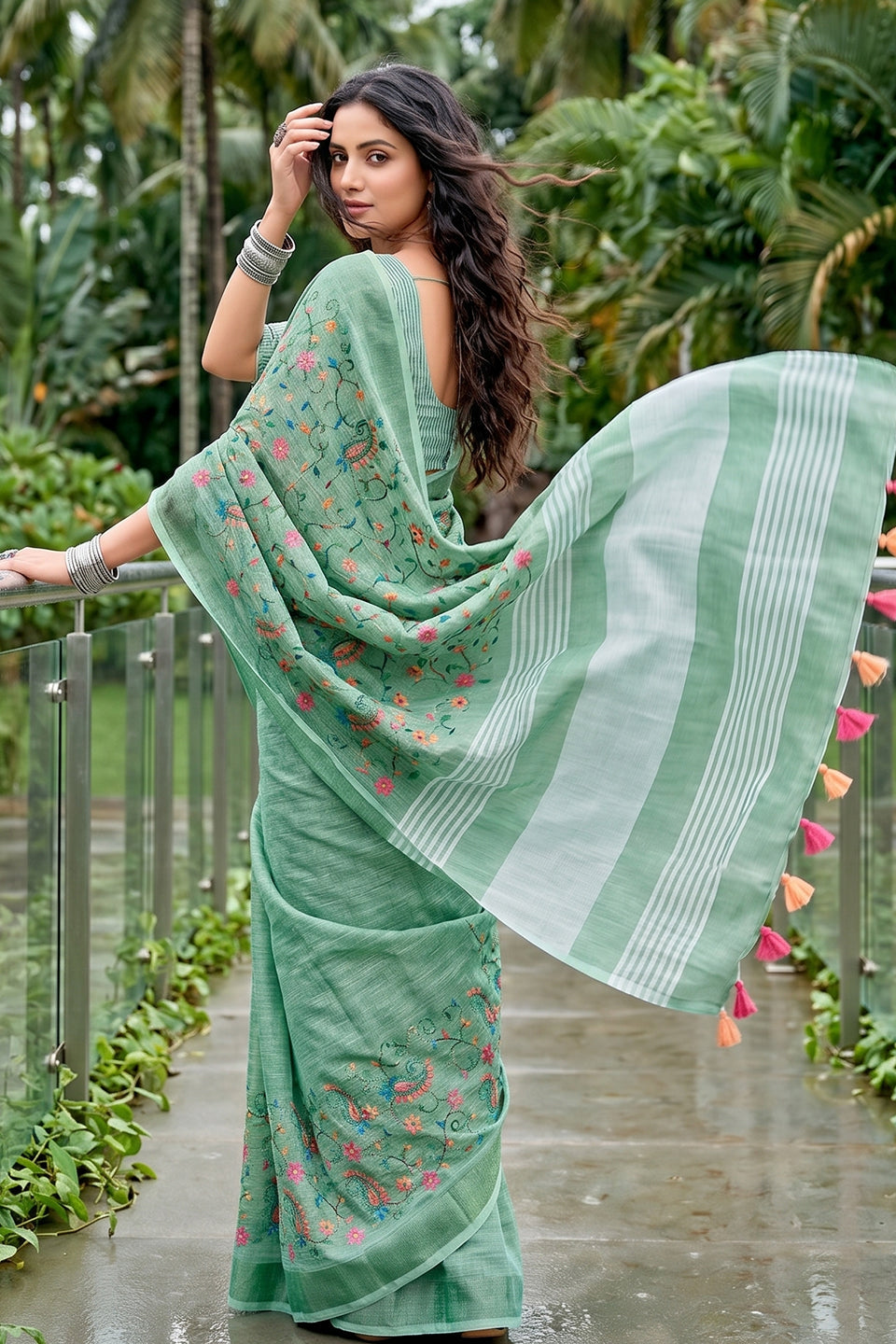 Sea Green Linen Cotton Saree with Floral Embroidery Work