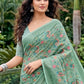 Sea Green Linen Cotton Saree with Floral Embroidery Work