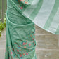 Sea Green Linen Cotton Saree with Floral Embroidery Work