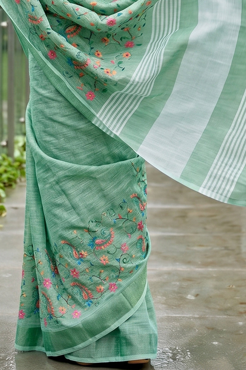 Sea Green Linen Cotton Saree with Floral Embroidery Work