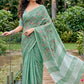 Sea Green Linen Cotton Saree with Floral Embroidery Work