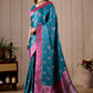 Teal Blue Banarasi Kanjivaram Silk Saree with Rich Pink Zari Work