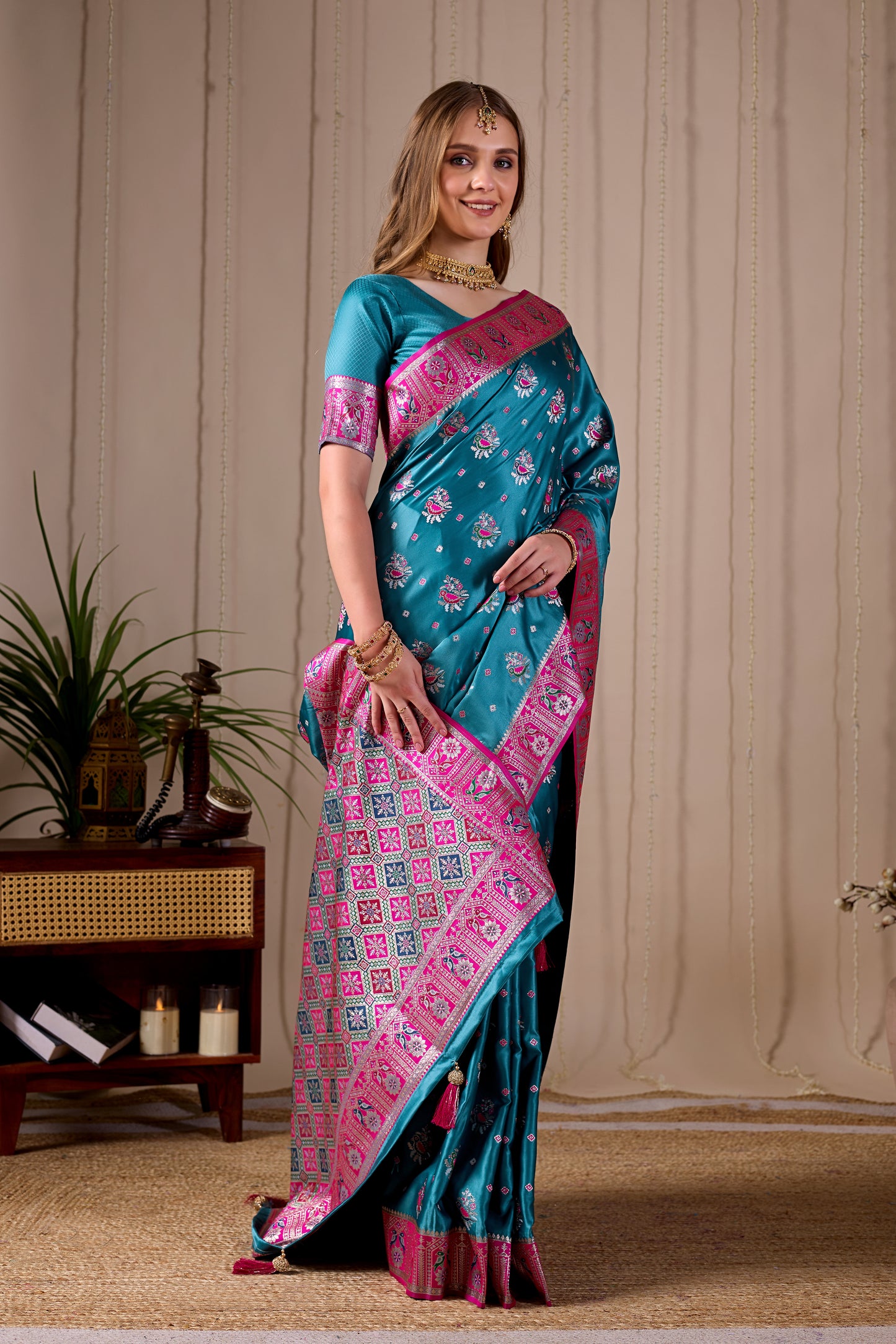 Teal Blue Banarasi Kanjivaram Silk Saree with Rich Pink Zari Work