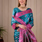 Teal Blue Banarasi Kanjivaram Silk Saree with Rich Pink Zari Work