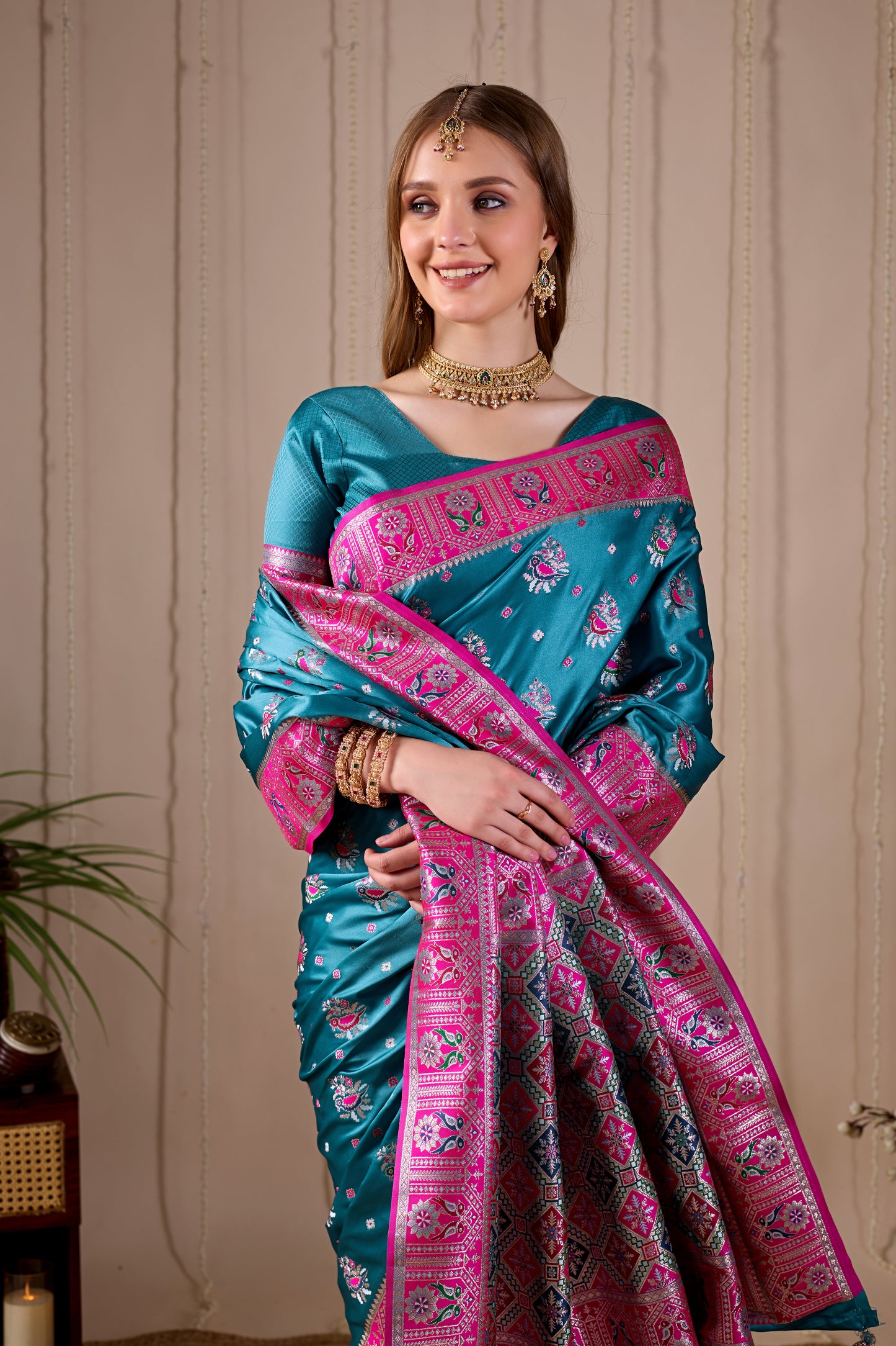 Teal Blue Banarasi Kanjivaram Silk Saree with Rich Pink Zari Work