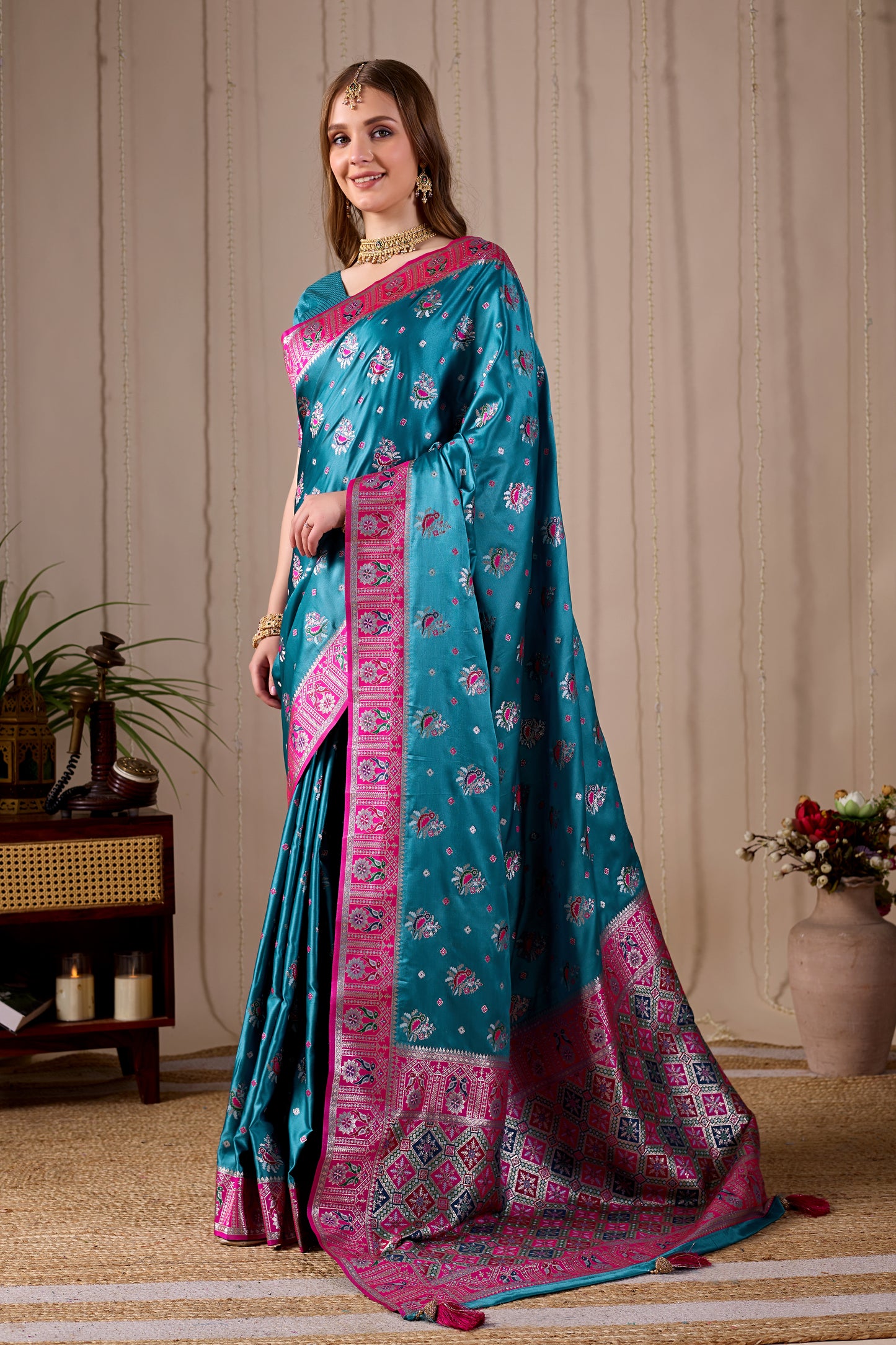 Teal Blue Banarasi Kanjivaram Silk Saree with Rich Pink Zari Work