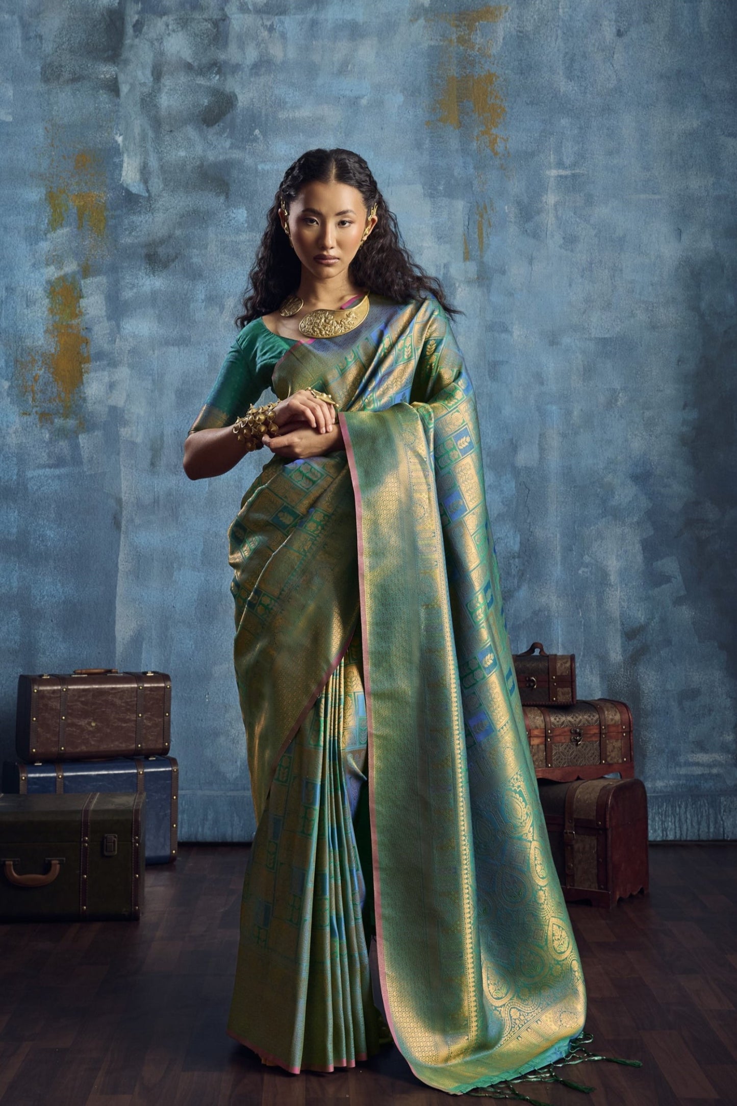 Teal Green Kanjivaram Silk Saree with Gold Zari Border