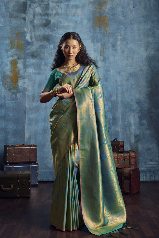 Teal Green Kanjivaram Silk Saree with Gold Zari Border