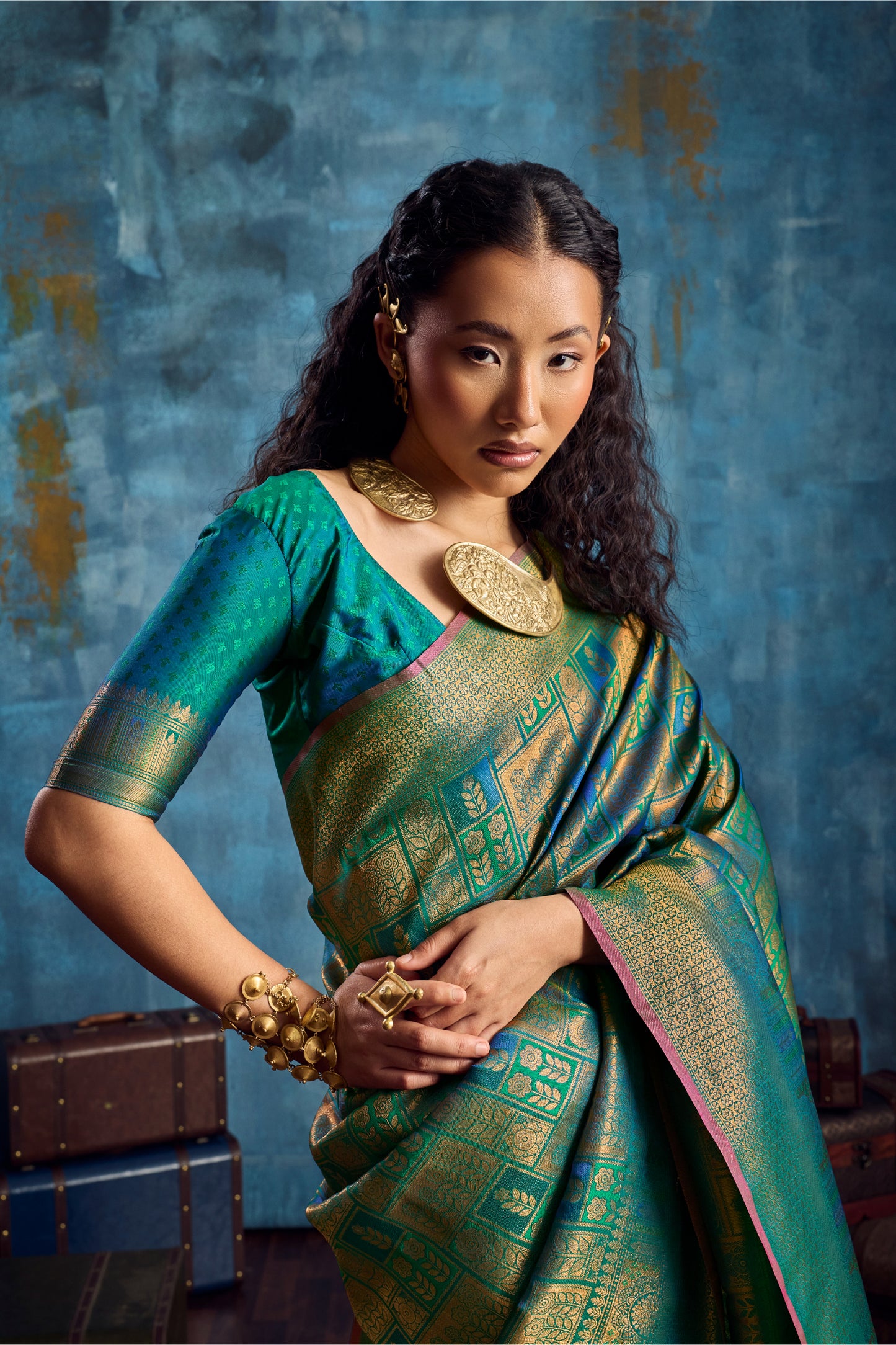 Teal Green Kanjivaram Silk Saree with Gold Zari Border