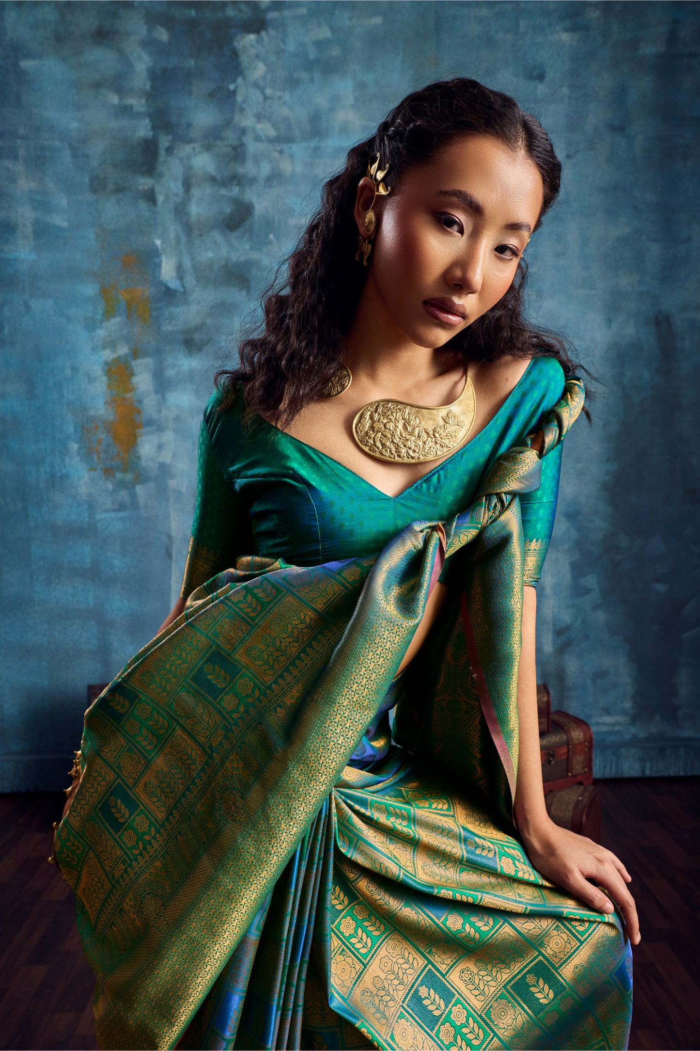 Teal Green Kanjivaram Silk Saree with Gold Zari Border