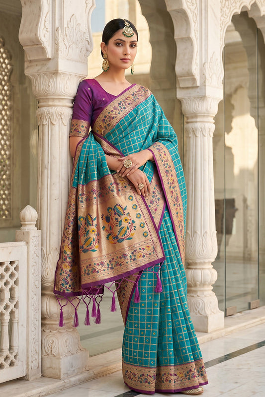 Turquoise Blue Banarasi Silk Saree with Meenakari Paithani Pallu and Magenta Blouse