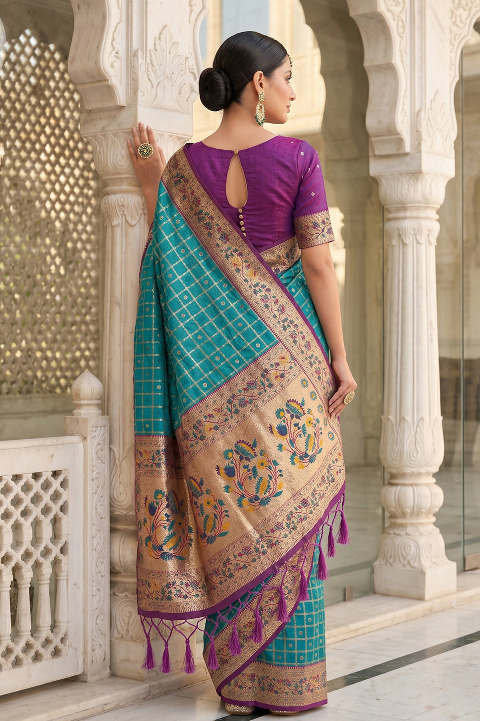 Turquoise Blue Banarasi Silk Saree with Meenakari Paithani Pallu and Magenta Blouse
