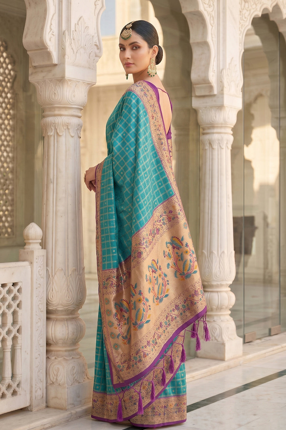 Turquoise Blue Banarasi Silk Saree with Meenakari Paithani Pallu and Magenta Blouse