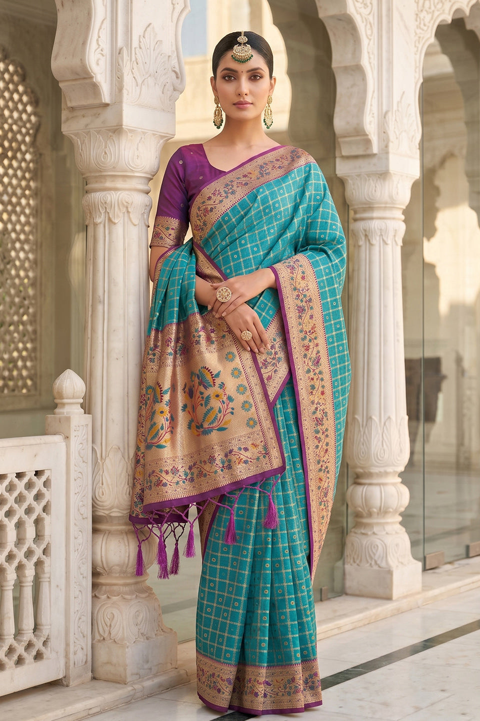 Turquoise Blue Banarasi Silk Saree with Meenakari Paithani Pallu and Magenta Blouse
