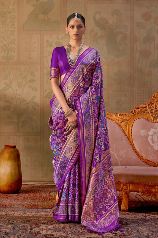 Violet Purple Banarasi Silk Patola Saree with Rich Weave & Heritage Motifs