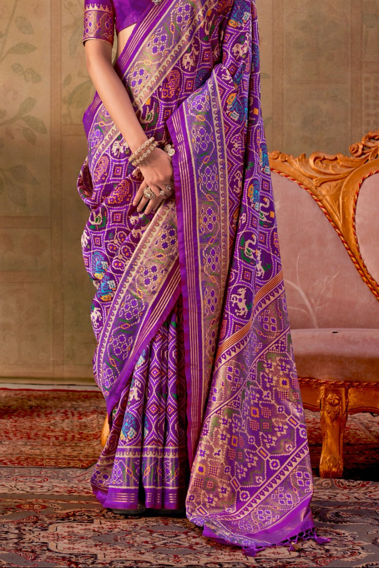 Violet Purple Banarasi Silk Patola Saree with Rich Weave & Heritage Motifs