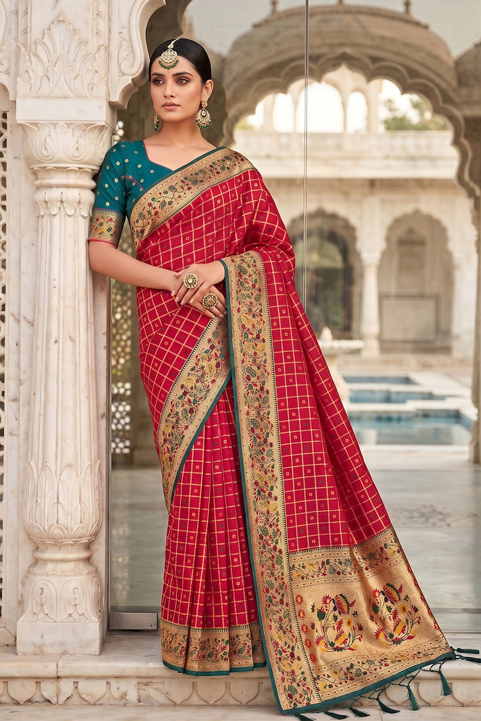 Wedding Red Banarasi Silk Saree with Meenakari Paithani Pallu and Rama Green Blouse