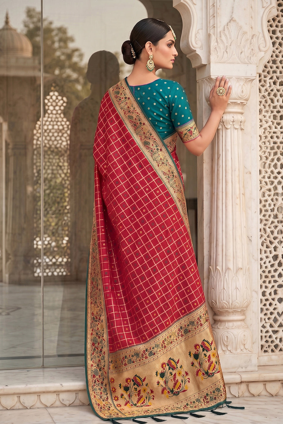 Wedding Red Banarasi Silk Saree with Meenakari Paithani Pallu and Rama Green Blouse