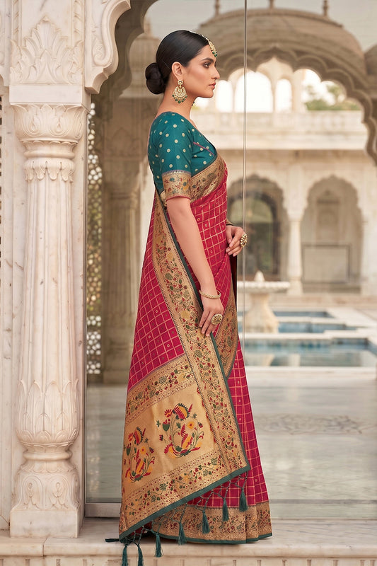 Wedding Red Banarasi Silk Saree with Meenakari Paithani Pallu and Rama Green Blouse