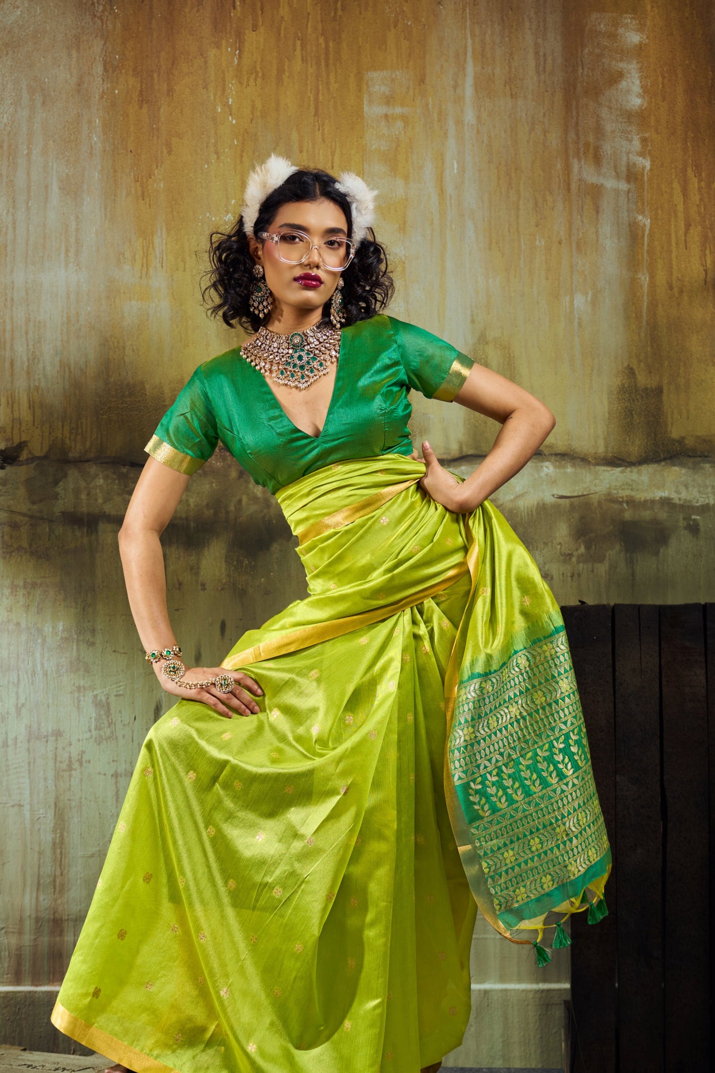 Women’s Lime Green Soft Silk Saree with Rich Woven Pallu