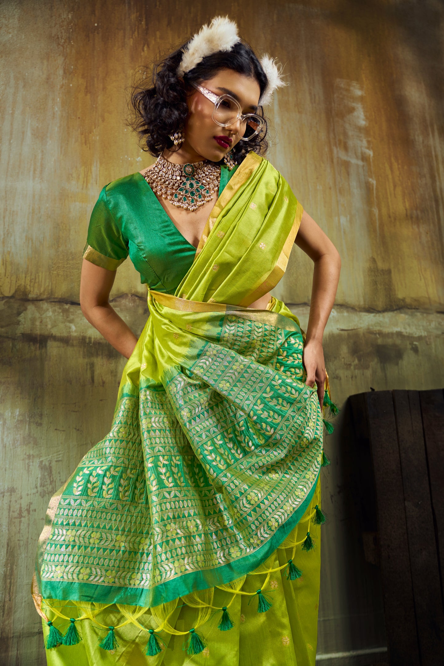 Women’s Lime Green Soft Silk Saree with Rich Woven Pallu