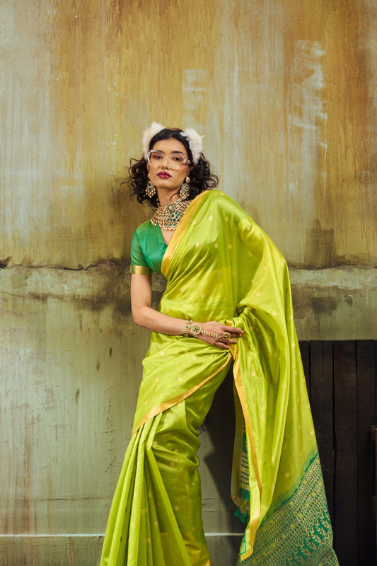 Women’s Lime Green Soft Silk Saree with Rich Woven Pallu