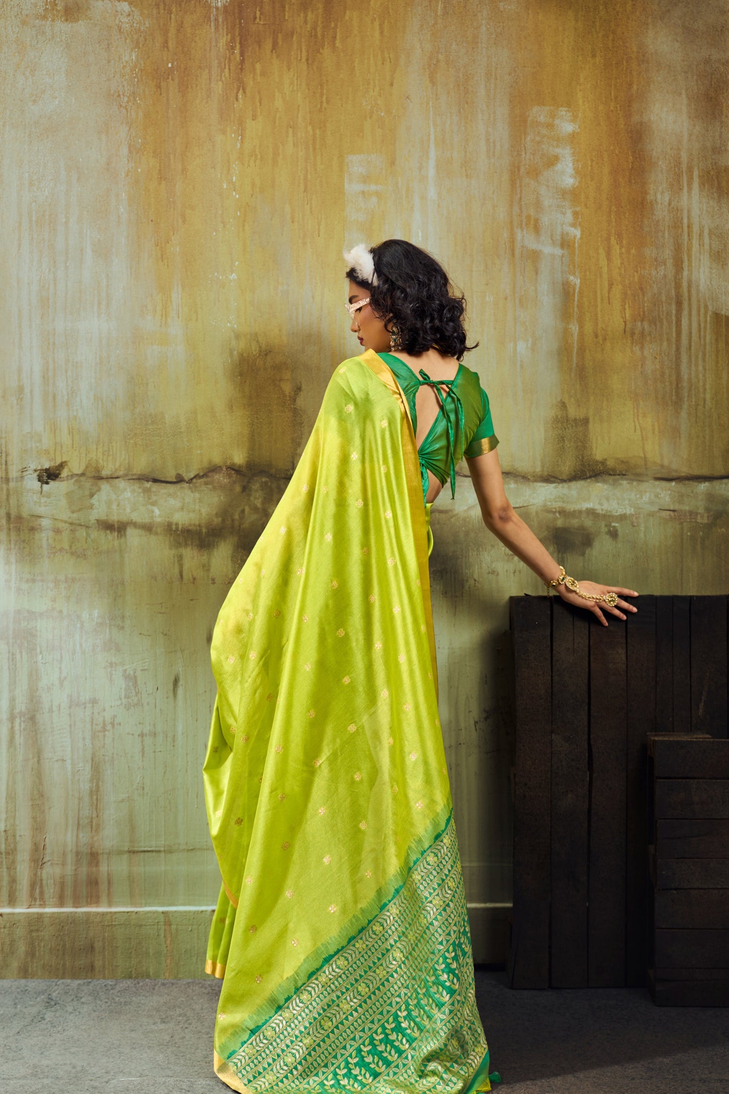 Women’s Lime Green Soft Silk Saree with Rich Woven Pallu