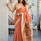 Peach Linen Silk Saree with Kalamkari Peacock Pallu