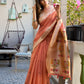 Peach Linen Silk Saree with Kalamkari Peacock Pallu