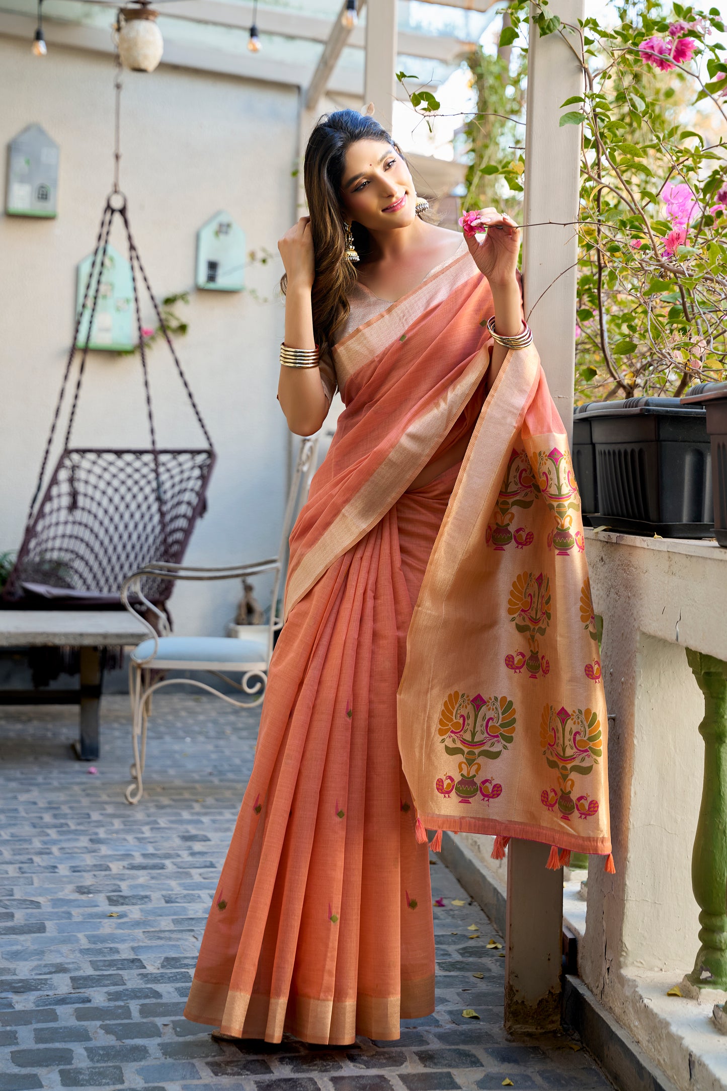 Peach Linen Silk Saree with Kalamkari Peacock Pallu