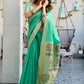 Sea Green Linen Silk Saree with Kalamkari Peacock Pallu