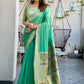 Sea Green Linen Silk Saree with Kalamkari Peacock Pallu