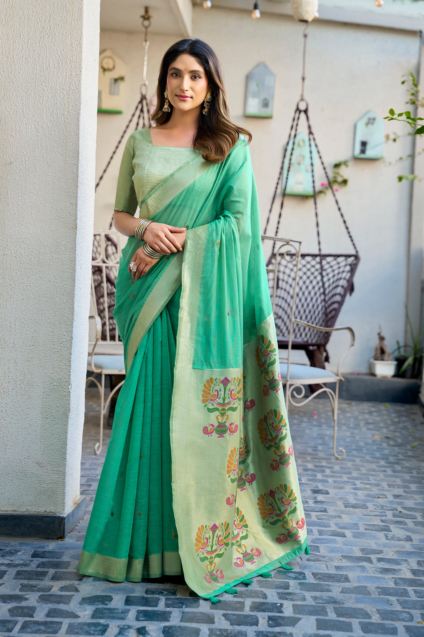 Sea Green Linen Silk Saree with Kalamkari Peacock Pallu