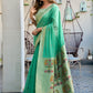 Sea Green Linen Silk Saree with Kalamkari Peacock Pallu