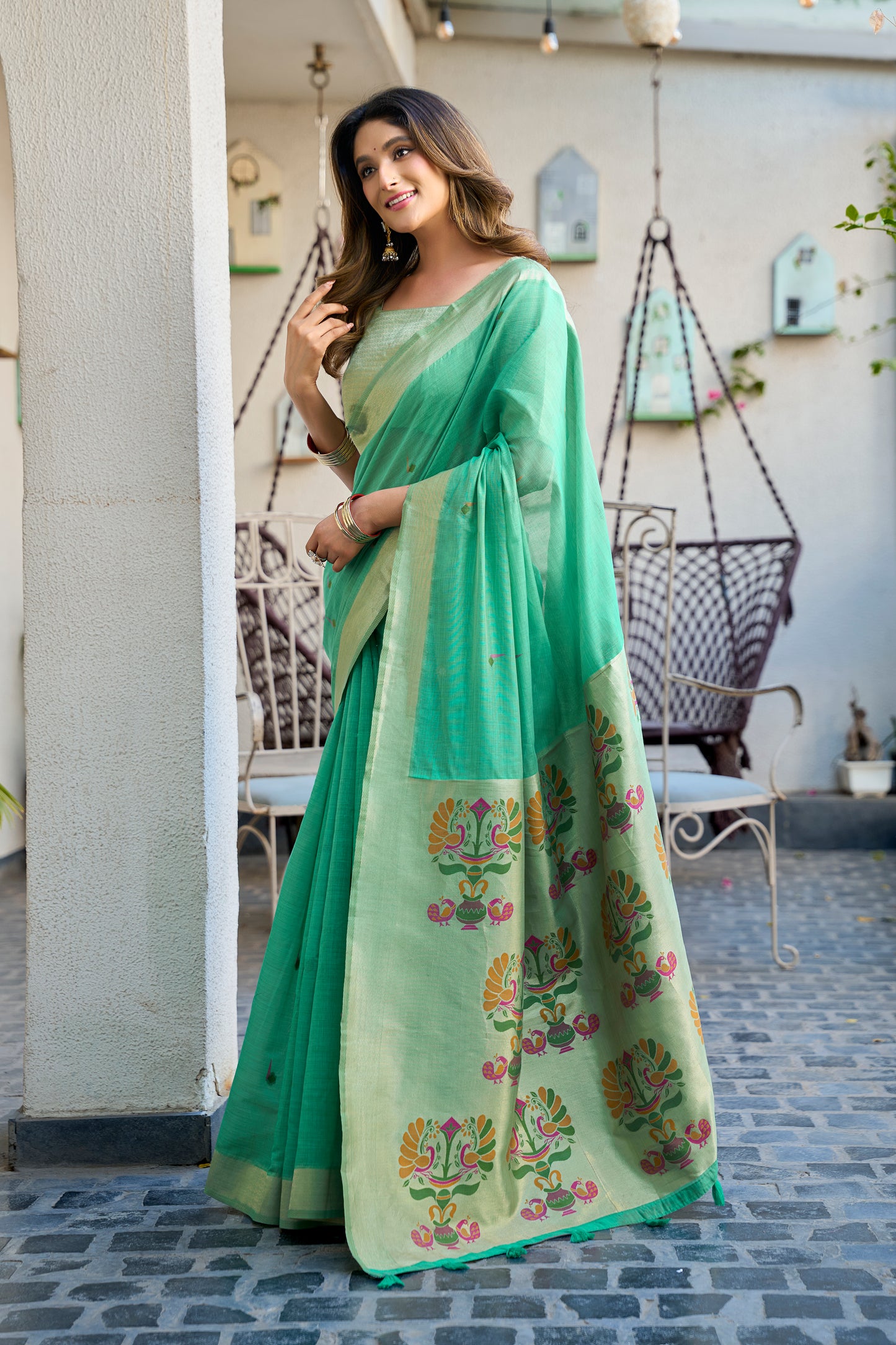 Sea Green Linen Silk Saree with Kalamkari Peacock Pallu