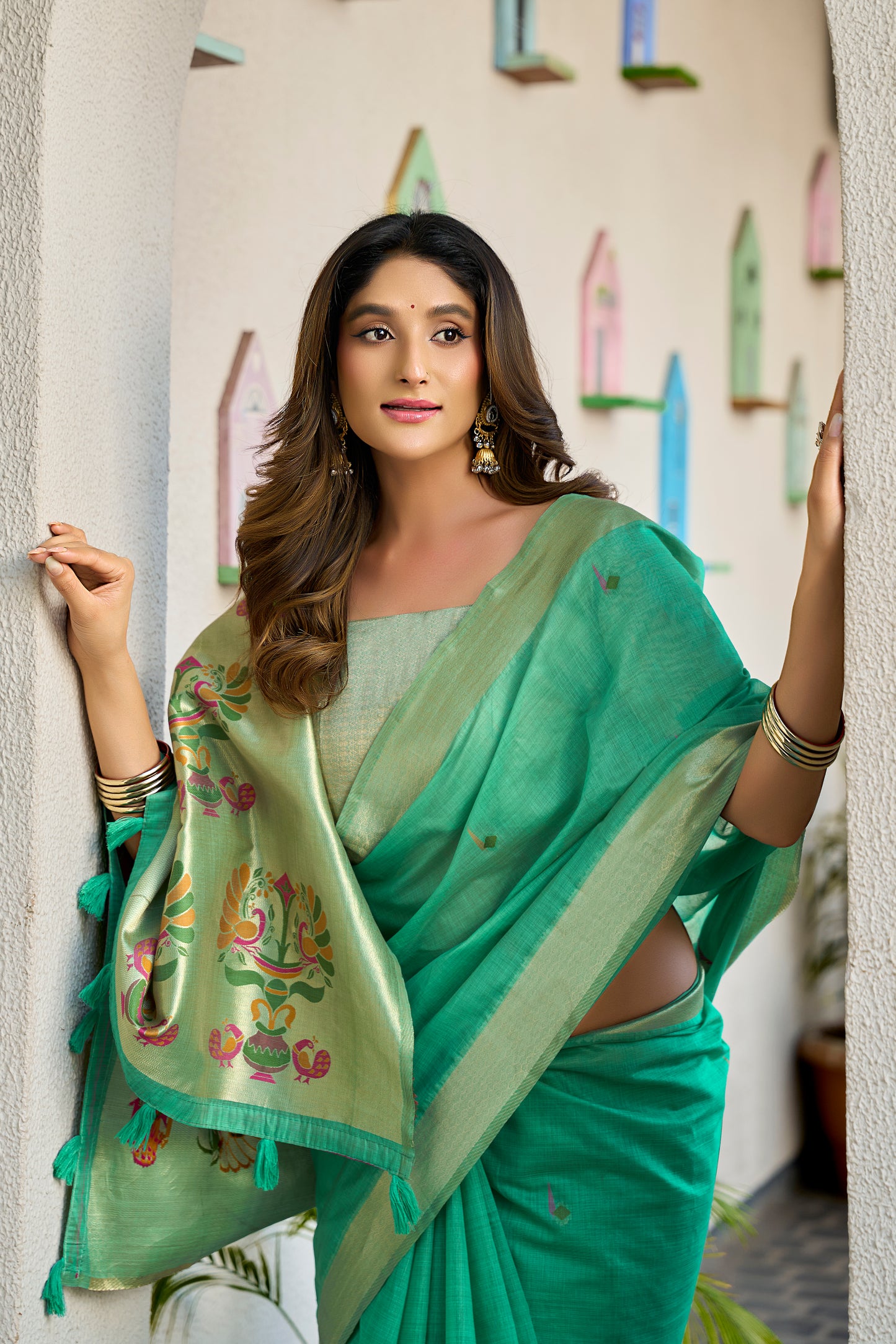 Sea Green Linen Silk Saree with Kalamkari Peacock Pallu