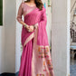 Rani Pink Linen Silk Saree with Kalamkari Peacock Pallu