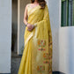 Mustard Yellow Linen Silk Saree with Kalamkari Peacock Pallu
