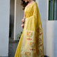 Mustard Yellow Linen Silk Saree with Kalamkari Peacock Pallu