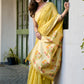 Mustard Yellow Linen Silk Saree with Kalamkari Peacock Pallu