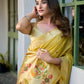Mustard Yellow Linen Silk Saree with Kalamkari Peacock Pallu