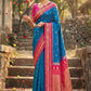 Teal Blue Silk Saree with Pink & Gold Zari Border